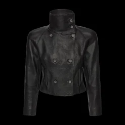 High-Collar Cropped Leather Jacket