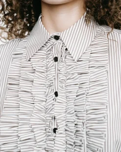 Striped Ruffle-Front Sleeveless Shirt