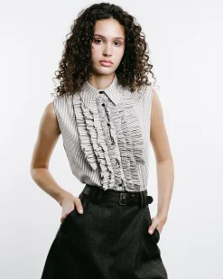 Striped Ruffle-Front Sleeveless Shirt