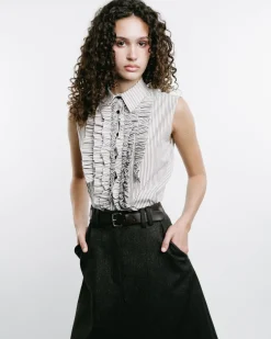 Striped Ruffle-Front Sleeveless Shirt